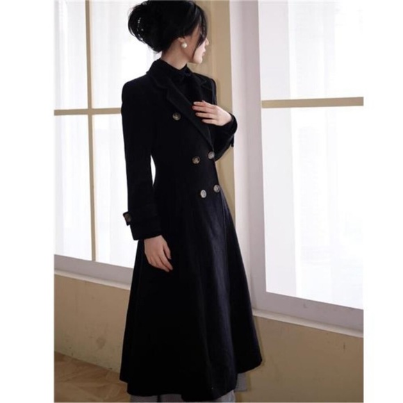 Womens Long Coat, Double Breasted Trench Coat Black - Picture 5 of 6